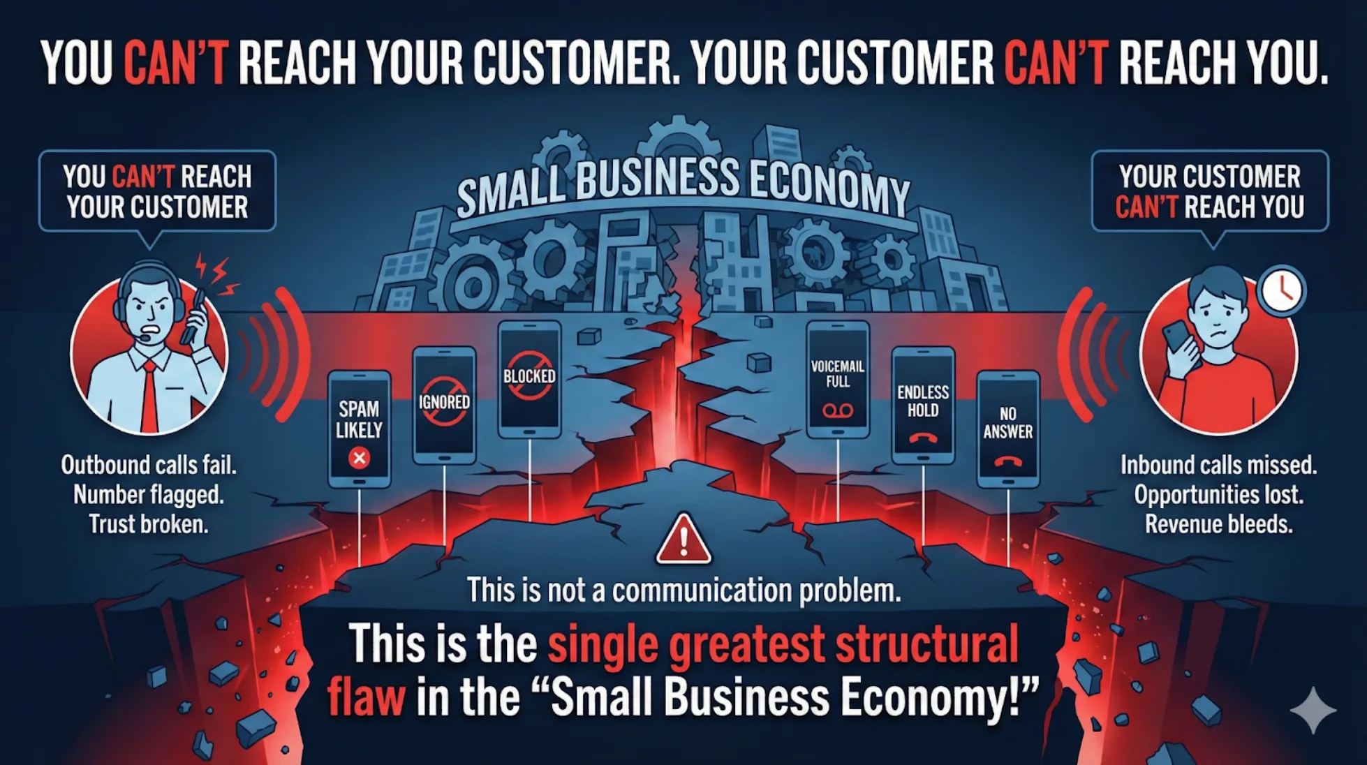 Infographic titled "You can’t reach your customer. Your customer can’t reach you." A red chasm splits the Small Business Economy in two. On the left, a frustrated business owner on a headset: outbound calls fail — Spam Likely, Ignored, Blocked — number flagged, trust broken. On the right, an anxious customer with a phone and a clock: inbound calls missed — Voicemail Full, Endless Hold, No Answer — opportunities lost, revenue bleeds. The caption reads: This is not a communication problem. This is the single greatest structural flaw in the Small Business Economy.
